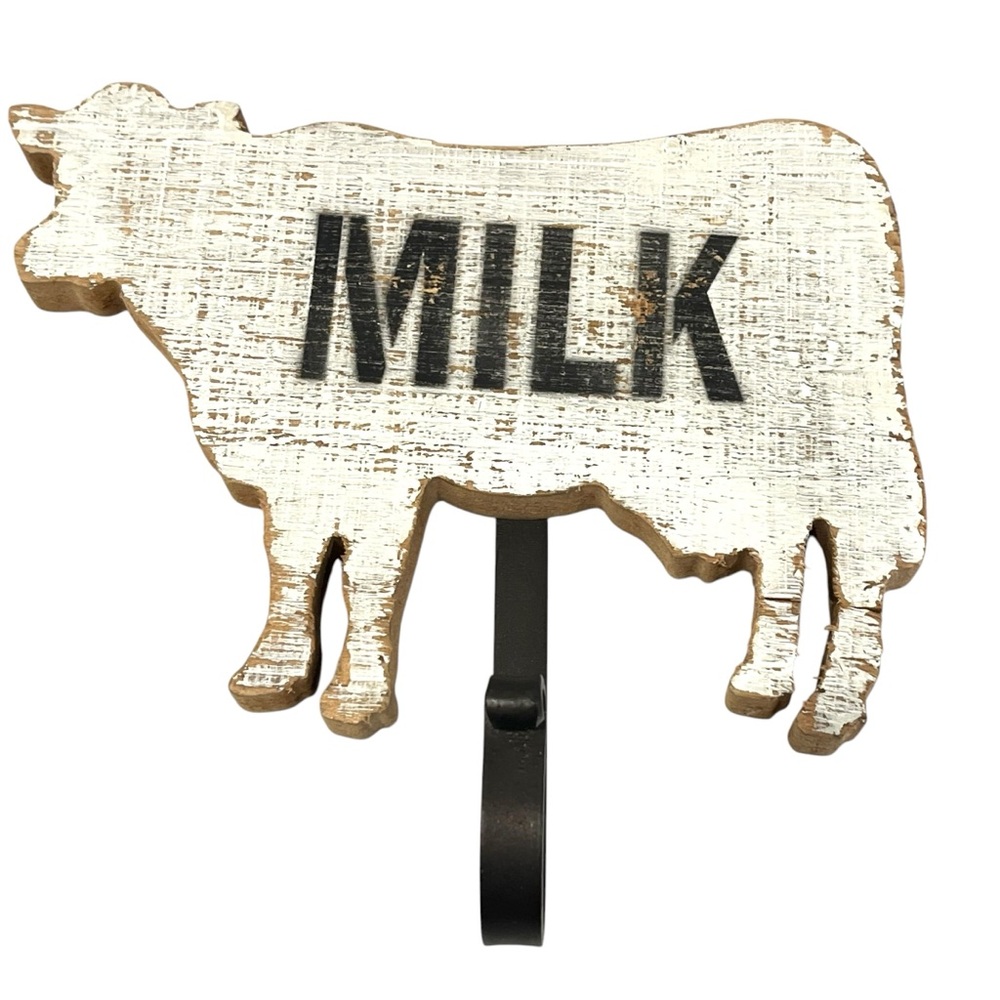 Rustic Wooden Cow Wall Hook “MILK” Farmhouse Kitchen Decor Coat Towel Hook 7.5”